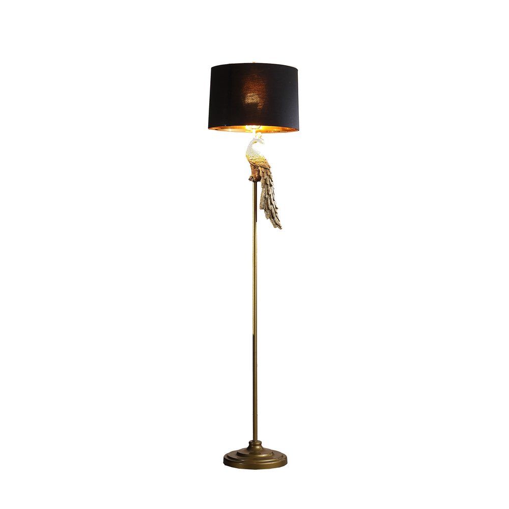 65" Gold And Black Floor Lamp With Black Fabric Drum Shade