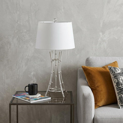 29" Silver Bamboo Design Table Lamp With Off White Drum Shade HomeRoots