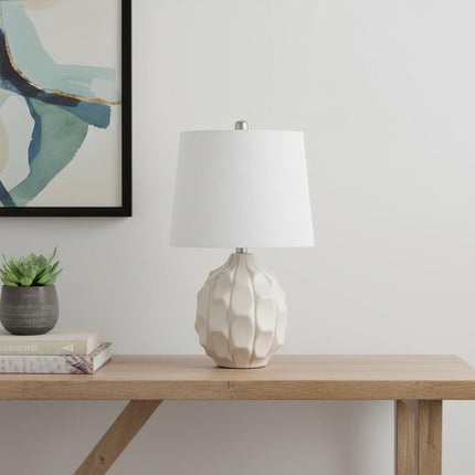 22" Cream Ceramic Faceted Table Lamp With Off White Drum Shade HomeRoots