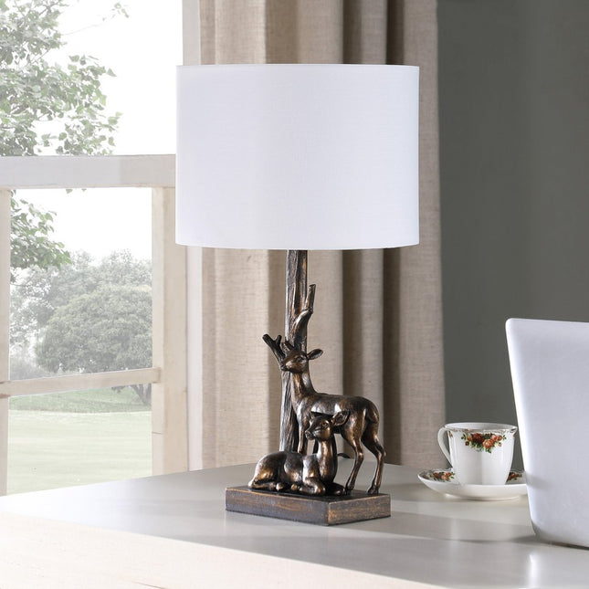 20" Bronze Mom and Baby Deer Table Lamp With White Drum Shade HomeRoots