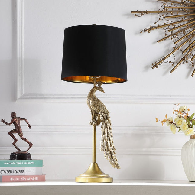 29" Gold Peacock Table Lamp With Black Drum Shade HomeRoots