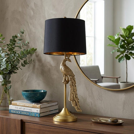 29" Gold Peacock Table Lamp With Black Drum Shade HomeRoots