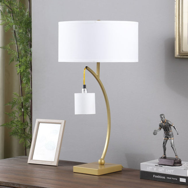 29" Gold Metal Two Light Arched Table Lamp With White Drum Shade HomeRoots