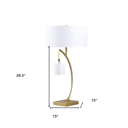 29" Gold Metal Two Light Arched Table Lamp With White Drum Shade HomeRoots