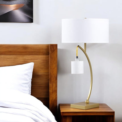 29" Gold Metal Two Light Arched Table Lamp With White Drum Shade HomeRoots