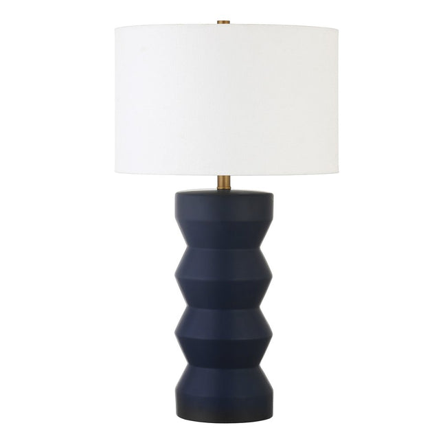 28" Navy Blue Geometric Table Lamp With Drum Shade HomeRoots
