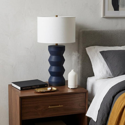28" Navy Blue Geometric Table Lamp With Drum Shade