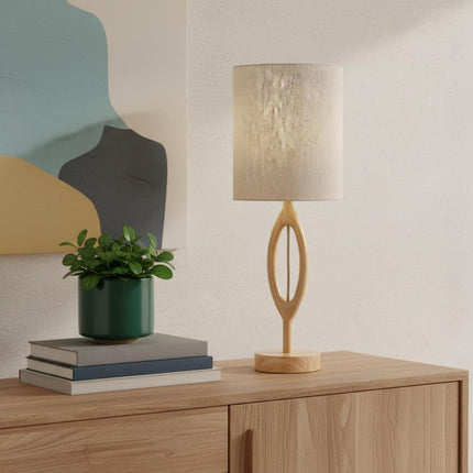 28" Natural Solid Wood Round Table Lamp With Beige Drum Shade HomeRoots