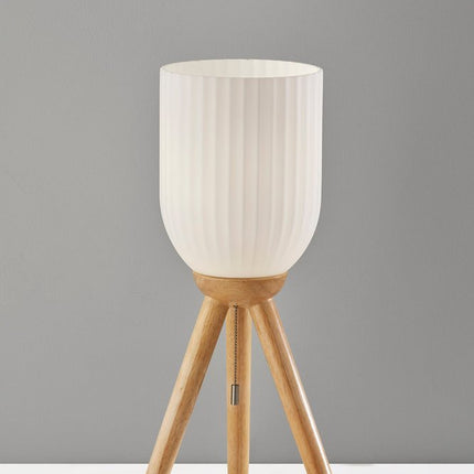 23" Natural Solid Wood Tripod Table Lamp With White Ribbed Glass Shade HomeRoots