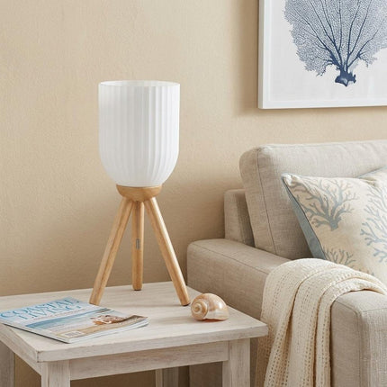 23" Natural Solid Wood Tripod Table Lamp With White Ribbed Glass Shade HomeRoots