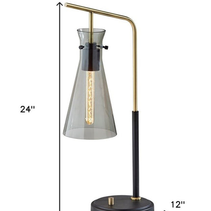 24" Black and Gold Metal Desk Lamp With Light Gray Cone Shade HomeRoots