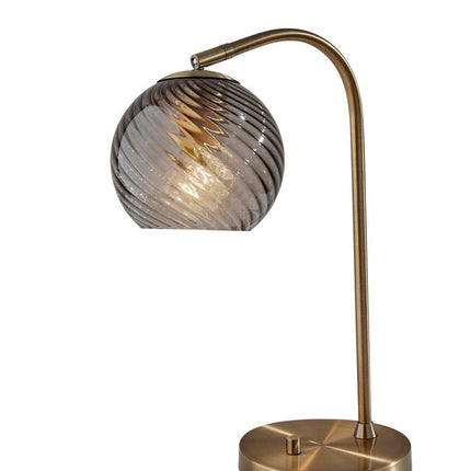 19" Antiqued Brass Metal Desk Lamp With Light Gray Swirl Globe Shade HomeRoots