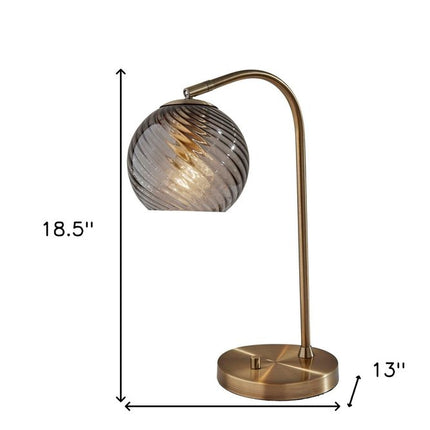 19" Antiqued Brass Metal Desk Lamp With Light Gray Swirl Globe Shade HomeRoots