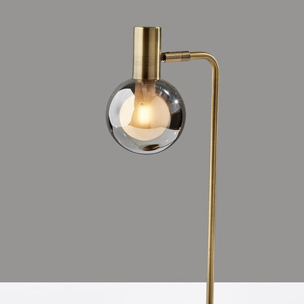 18" Antiqued Brass Metal Cylinder Desk Table Lamp With Gray Globe Shade With Starling LED Bulb HomeRoots