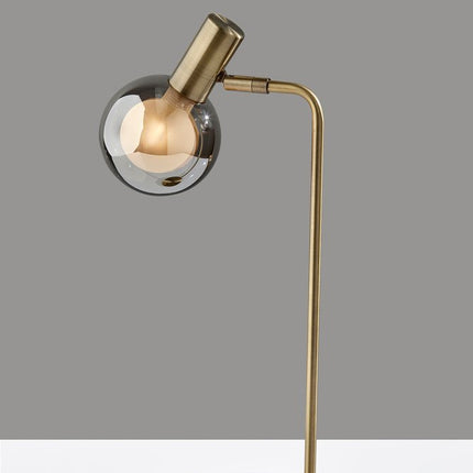 18" Antiqued Brass Metal Cylinder Desk Table Lamp With Gray Globe Shade With Starling LED Bulb HomeRoots