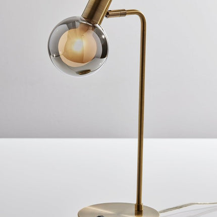 18" Antiqued Brass Metal Cylinder Desk Table Lamp With Gray Globe Shade With Starling LED Bulb HomeRoots