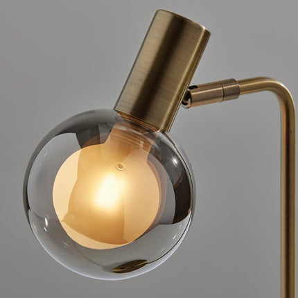 18" Antiqued Brass Metal Cylinder Desk Table Lamp With Gray Globe Shade With Starling LED Bulb HomeRoots