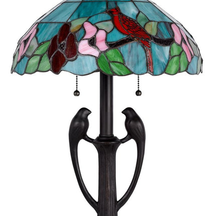 22" Bronze Two Light Tiffany Table Lamp With Aqua and Red Floral Shade HomeRoots