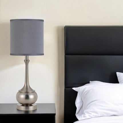 25" Nickel Metal Round Table Lamp With Gray Cone Shade HomeRoots