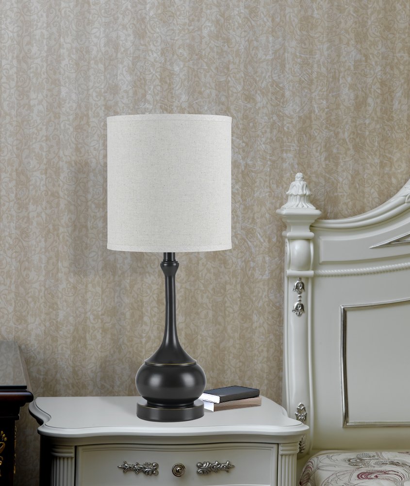 25" Blackened Bronze Metal Round Table Lamp With Off White Drum Shade