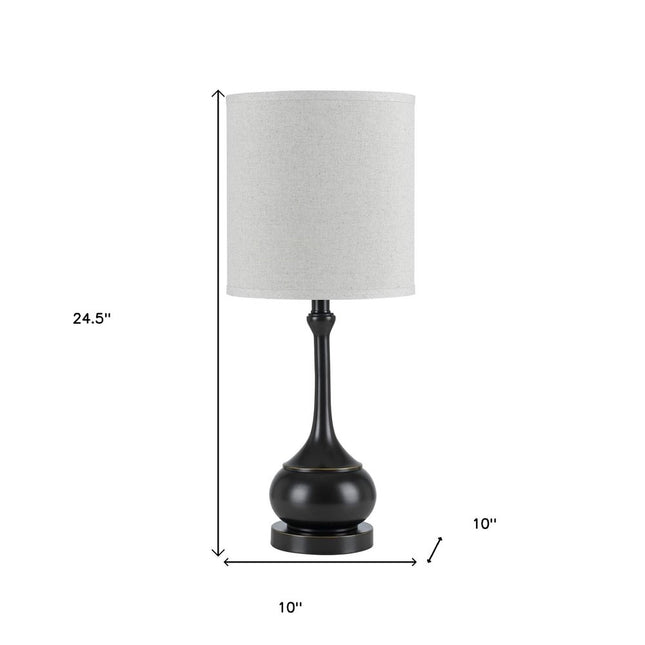 25" Blackened Bronze Metal Round Table Lamp With Off White Drum Shade