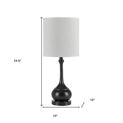 25" Blackened Bronze Metal Round Table Lamp With Off White Drum Shade