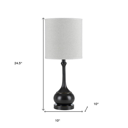25" Blackened Bronze Metal Round Table Lamp With Off White Drum Shade HomeRoots