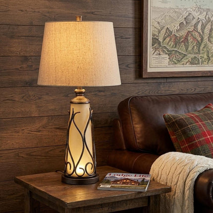 30" Brown Metal Two Light Table Lamp With Brown Empire Shade HomeRoots
