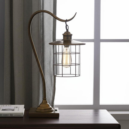25" Antiqued Brass Metal Lantern Desk Lamp With Antiqued Brass Drum Shade HomeRoots
