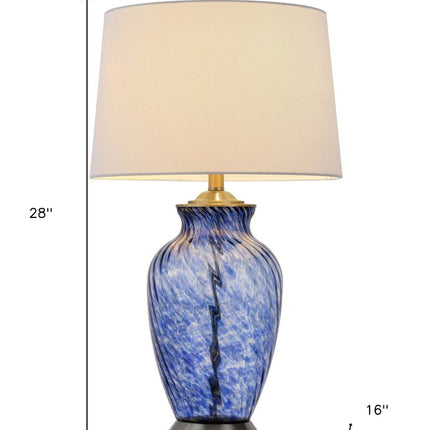 28" Blue Swirl Glass Table Lamp With White Empire Shade HomeRoots