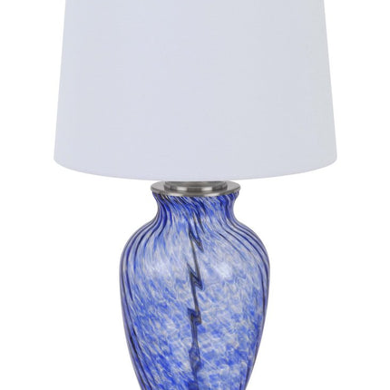 28" Blue Swirl Glass Table Lamp With White Empire Shade