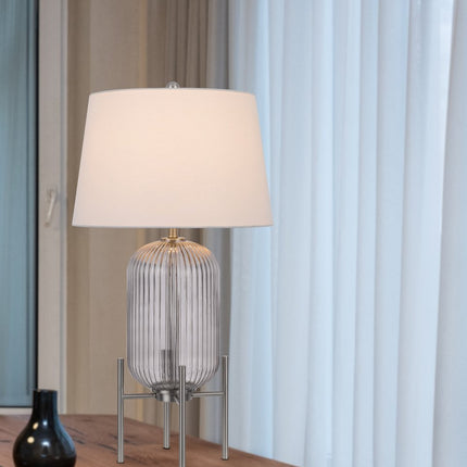 33" Nickel Glass Round Table Lamp With White Empire Shade HomeRoots