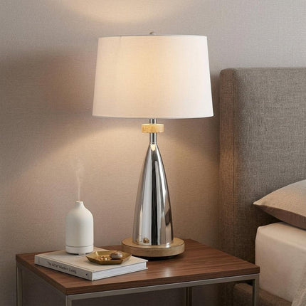 31" Brown Metal Geometric USB Table Lamp With White Empire Shade HomeRoots
