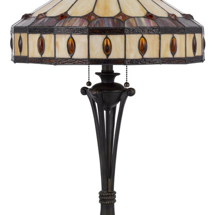 26" Black Metal Two Light Candlestick Table Lamp With Ivory and Red Dome Shade HomeRoots
