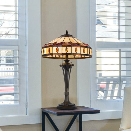 26" Black Metal Two Light Candlestick Table Lamp With Ivory and Red Dome Shade HomeRoots
