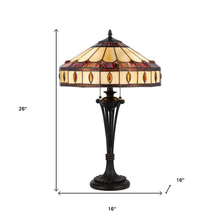 26" Black Metal Two Light Candlestick Table Lamp With Ivory and Red Dome Shade HomeRoots