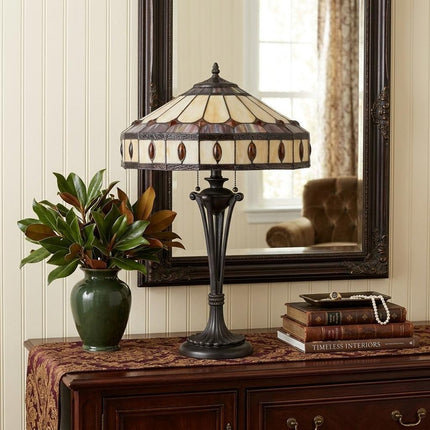 26" Black Metal Two Light Candlestick Table Lamp With Ivory and Red Dome Shade HomeRoots