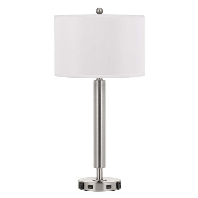 30" Nickel Metal Cylinder USB Table Lamp With White Drum Shade HomeRoots