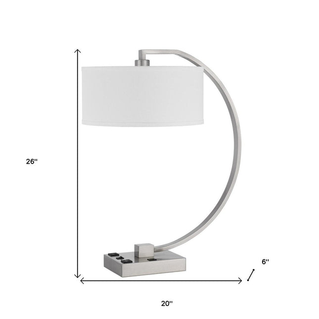 26" Nickel Metal Lantern Desk USB Table Lamp With White Shade HomeRoots