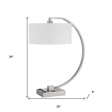26" Nickel Metal Lantern Desk USB Table Lamp With White Shade HomeRoots