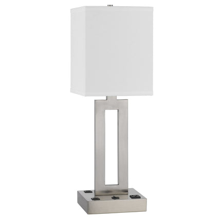 24" Nickel Metal Desk Usb Table Lamp With White Drum Shade