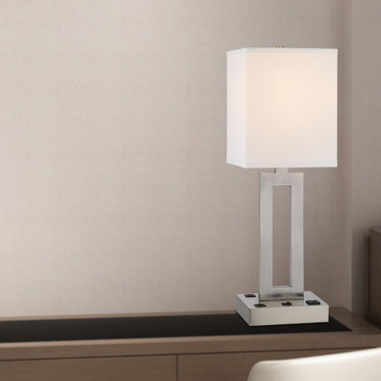24" Nickel Metal Desk Usb Table Lamp With White Drum Shade HomeRoots