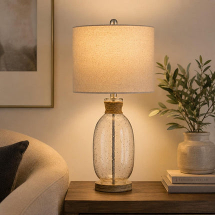 26" Brown Seeded Glass Table Lamp With Drum Shade HomeRoots