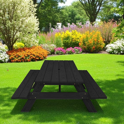 Black Solid Wood Dining Set with Two Benches With Umbrella Hole HomeRoots