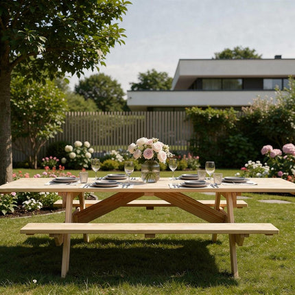 Beige Solid Wood Outdoor Picnic Table Umbrella Hole HomeRoots