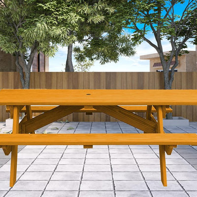 Natural Solid Wood Outdoor Picnic Table Umbrella Hole