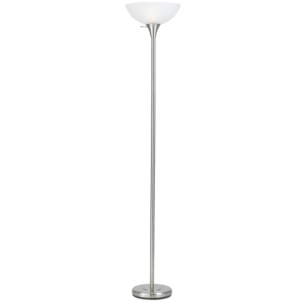 70" Nickel Metal Torchiere Floor Lamp With White Glass Dome Shade