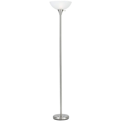 70" Nickel Metal Torchiere Floor Lamp With White Glass Dome Shade HomeRoots