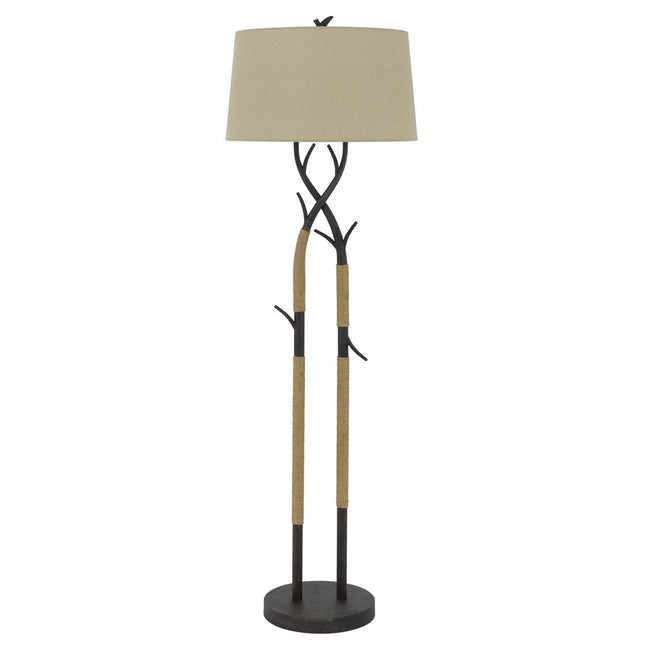 55" Black Metal And Rope Tree Branch Floor Lamp With Tan Fabric Shade HomeRoots