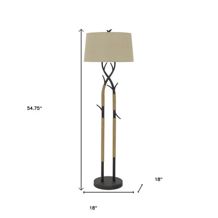 55" Black Metal And Rope Tree Branch Floor Lamp With Tan Fabric Shade HomeRoots